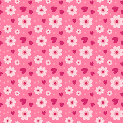 Spring seamless pattern with flowers and hearts on pink background. Festive decoration for princess party, wedding, holiday and Valentine Day. Vector flat illustration