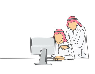 Single continuous line drawing of young muslim workers watching business and training video on monitor. Arab middle east cloth shmagh, kandura, thawb, robe. One line draw design vector illustration