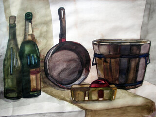 Watercolor painting. Household items. Still life art. Vintage style. Champagne and wine bottles, apple, pan, wood box, textile, fabric on the table. Professional artwork. Brown colors.