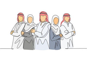 One continuous line drawing of young muslim businesspeople line up neatly with crossing hands on chest. Islamic clothing shemag, kandura, scarf, hijab. Single line draw design vector illustration