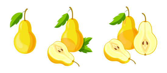 Set of yellow pears isolated on a white background. Whole and a half pears and cartoon style. Flat style. Vector illustration