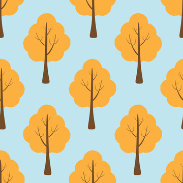 Vector Seamless Pattern With Orange Trees In Autumn Park, Forest, Garden. Vector Background Template With Fall Orange Trees For Print, Textile, Fabric, Wallpaper