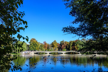 Landscape with long old grey bridge and many large green trees near the lake in Carol Park in Bucharest, Romania,  in a sunny autumn day