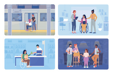Social inclusion 2D vector isolated illustration set. Equal opportunities flat characters on cartoon background. Lifestyle colourful editable scenes collection for mobile, website, presentation