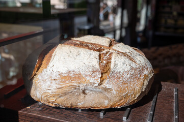 French bakery, fresh baked bread ready for sale close up