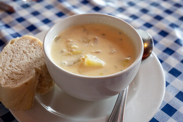 Traditional scottish white cream soup, cullen skink made with smoked paddock fish, Scotland