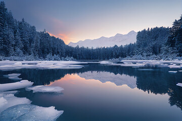 Beautiful landscape. Sunrise, lake with crystal clear wate and ice, rocky shoreline with some snow, large pine trees, craggy snow covered mountain range. 3d illustration