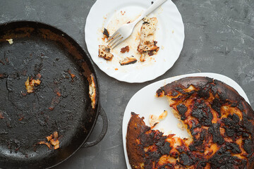 burnt food. carcinogen. plate and pan with leftovers from dinner.