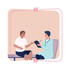 Therapist appointment quote textbox with flat character. Patient consultation in hospital. Speech bubble with editable cartoon illustration. Creative quotation isolated on white background