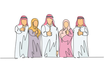 One continuous line drawing of young muslim male and female managers giving thumbs up gestures. Islamic clothing shemag, kandura, scarf, keffiyeh. Single line draw design vector illustration
