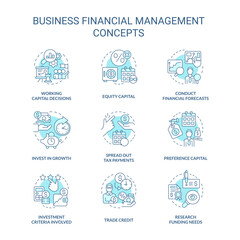 Business financial management turquoise concept icons set. Enterprise strategy idea thin line color illustrations. Isolated symbols. Editable stroke. Roboto-Medium, Myriad Pro-Bold fonts used