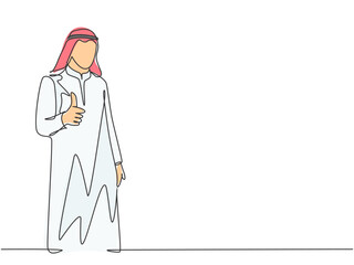 One continuous line drawing of young muslim company branch manager giving thumbs up gestures. Islamic clothing shemag, kandura, scarf, keffiyeh. Single line draw design vector graphic illustration
