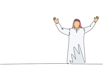 One single line drawing of young happy muslim employee celebrate his job promotion. Saudi Arabian worker with shmag, kandora, headscarf, thobe, ghutra. Continuous line draw design vector illustration