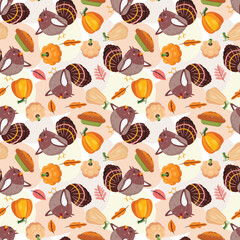 Thanksgiving day seamless pattern with a turkey, cake and autumn leaves. Autumn background.