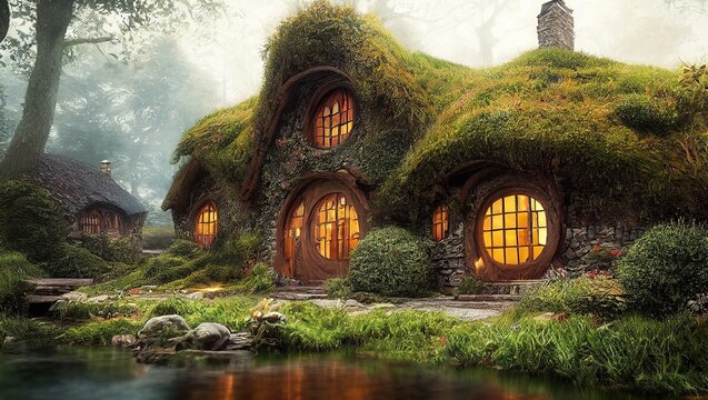 Beautiful scenery of the Hobbit House covered and surrounded by greenery on a misty day