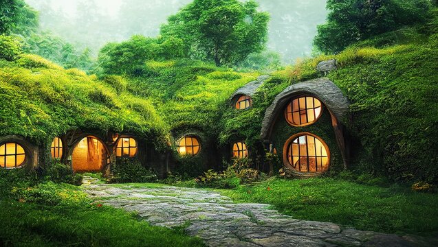 Beautiful scenery of the Hobbit House covered and surrounded by greenery