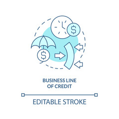 Business line of credit turquoise concept icon. Source of short term financing abstract idea thin line illustration. Isolated outline drawing. Editable stroke. Arial, Myriad Pro-Bold fonts used