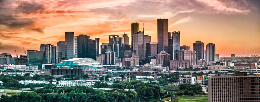 Houston Texas with colorful sunset sky