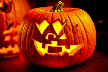 Fototapeta premium Spookey Halloween Pumpkin cut out by kids in Studio