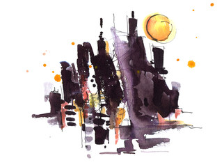 Cityscape. Watercolor painting of the night city. Urban landscape. The moon over the metropolis. Skyscrapers and houses