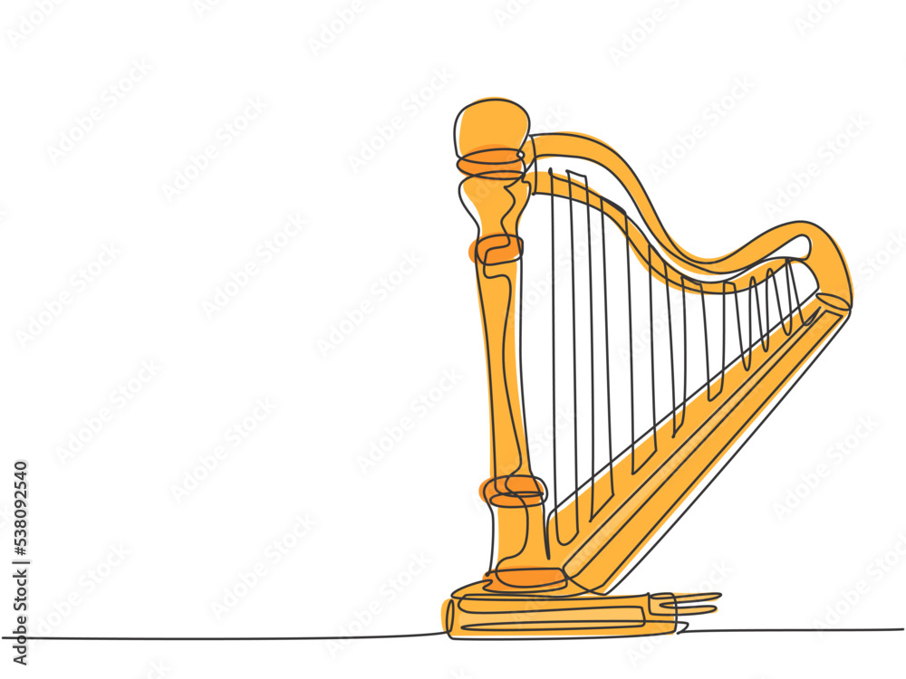 Poster one single line drawing of elegant classical harp. stringed music instruments concept. modern contin