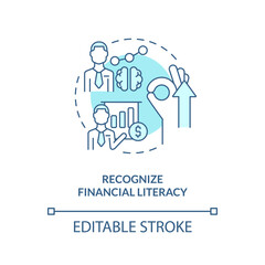 Recognize financial literacy turquoise concept icon. Financial management for startup abstract idea thin line illustration. Isolated outline drawing. Editable stroke. Arial, Myriad Pro-Bold fonts used