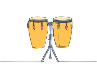 One continuous line drawing of traditional african ethnic drum, bongo. Percussion music instruments concept. Dynamic single line draw graphic design vector illustration