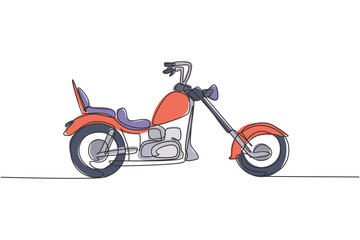 One single line drawing of old retro vintage chopper motorcycle. Vintage motorbike transportation concept continuous line graphic draw design vector illustration