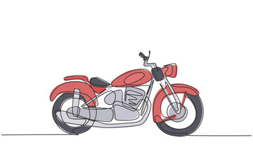Single continuous line drawing of old classic vintage chopper motorcycle symbol. Retro motorbike transportation concept one line draw design graphic vector illustration