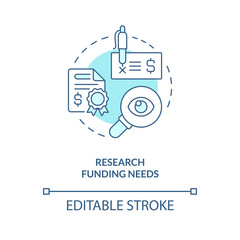 Research funding needs turquoise concept icon. Financial management for startup abstract idea thin line illustration. Isolated outline drawing. Editable stroke. Arial, Myriad Pro-Bold fonts used