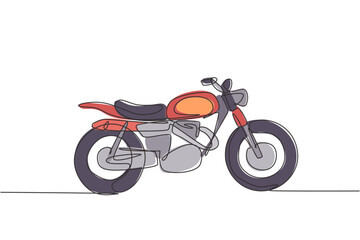 Obraz na płótnie Canvas One continuous line drawing of retro old vintage motorcycle icon. Classic motorbike transportation concept single line graphic draw design vector illustration