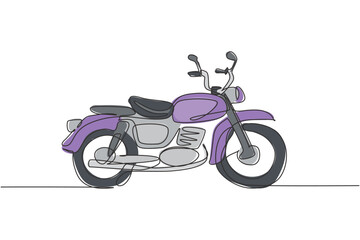 One continuous line drawing of retro old vintage motorcycle icon. Classic motorbike transportation concept single line draw graphic design vector illustration