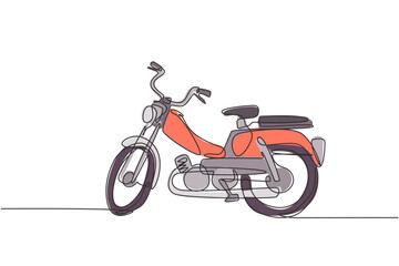 Obraz premium One continuous line drawing of retro old vintage motorcycle icon. Classic motorbike transportation concept single line draw design vector illustration graphic