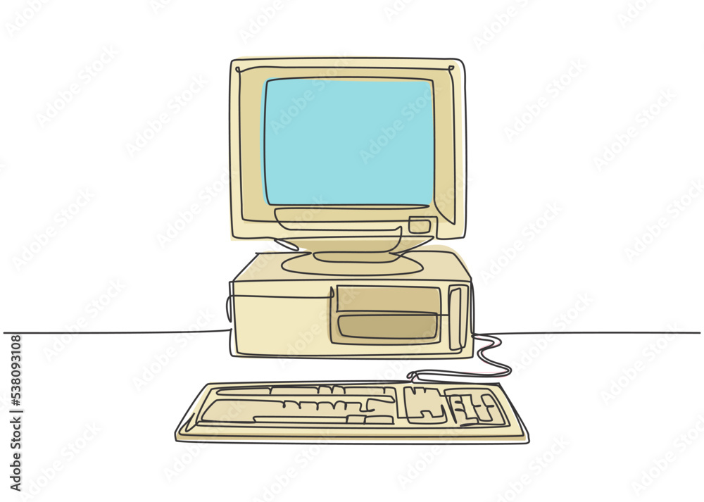 Poster single continuous line drawing of retro old classic personal computer processor unit. vintage cpu wi