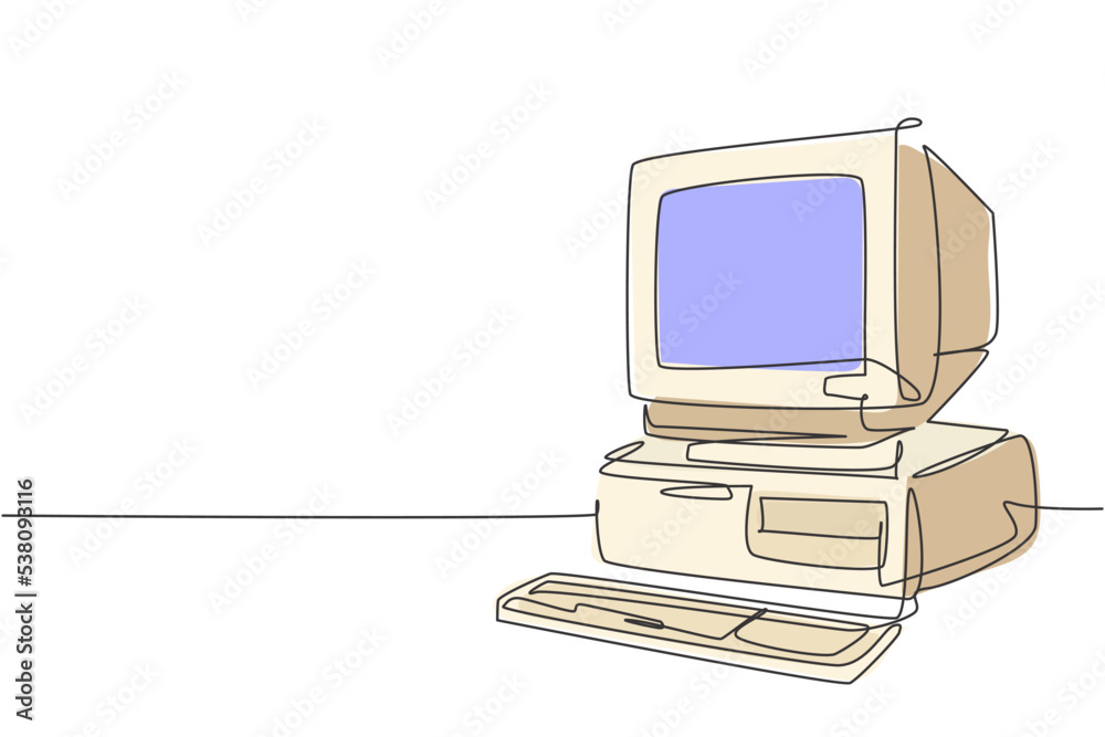 Fototapete Single continuous line drawing of retro old classic personal computer processor unit. Vintage cpu with analog monitor and keyboard item concept one line draw design graphic vector illustration