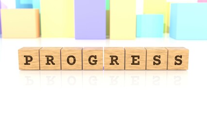Letters PROGRESS carved on cube wood reflected on the bright table. Business concept. In the back are colorful cuboids in different shapes. (3D rendering)