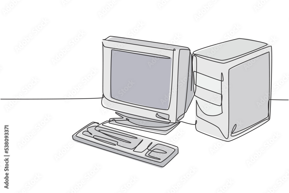 Poster single continuous line drawing of of retro old classic personal computer processor unit. vintage cpu