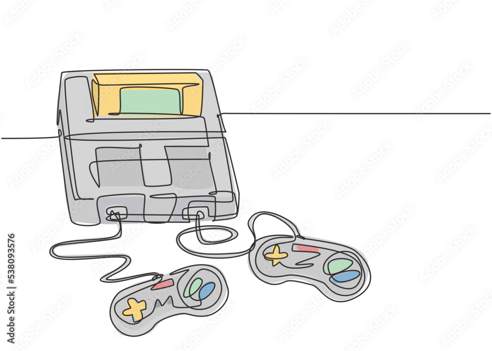 Poster one continuous line drawing of retro old classic arcade video game player with controller. vintage c