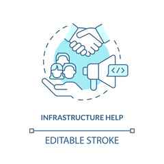 Infrastructure help turquoise concept icon. Workforce. Benefit of alternative lending abstract idea thin line illustration. Isolated outline drawing. Editable stroke. Arial, Myriad Pro-Bold fonts used