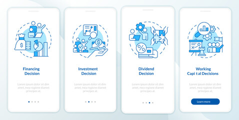 Types of financial decisions blue onboarding mobile app screen. Walkthrough 4 steps editable graphic instructions with linear concepts. UI, UX, GUI template. Myriad Pro-Bold, Regular fonts used