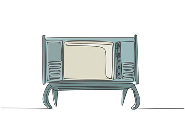 One single line drawing of retro old fashioned tv with wooden table and table legs. Classic vintage analog television concept continuous line draw design vector illustration graphic