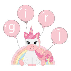 Unicorn baby with pink hair. Balloons with the text girl.