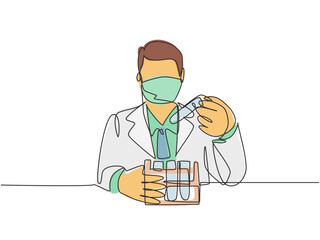 One continuous line drawing of young male laboratorian test blood sample from glass tube to find covid-19 vaccine. Coronavirus medical research concept single line draw design vector illustration