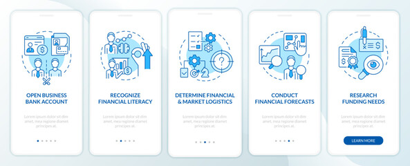 Fototapeta na wymiar Financial management for startup blue onboarding mobile app screen. Walkthrough 5 steps editable graphic instructions with linear concepts. UI, UX, GUI template. Myriad Pro-Bold, Regular fonts used