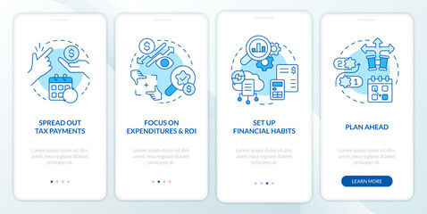 Fototapeta na wymiar Small business finance management blue onboarding mobile app screen. Walkthrough 4 steps editable graphic instructions with linear concepts. UI, UX, GUI template. Myriad Pro-Bold, Regular fonts used