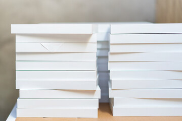 Edges of boards made of laminated chipboard, details of cabinet furniture in the assembly shop.