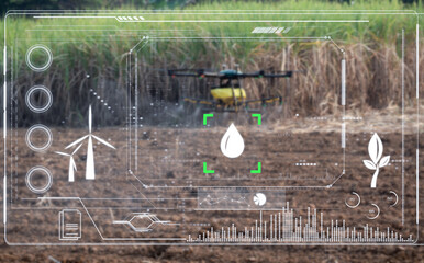 Smart farmer working by agricultural drone, spraying drone fertilizing in sugar cane farm