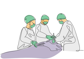Single continuous single line drawing group of team surgeon doctor doing surgery to the critical patient at surgical operation room. Medical surgery concept one line draw design vector illustration