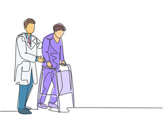 Single continuous single line drawing of young male doctor give help to the patient to walk therapy using crutch at hospital. Medical treatment service concept one line draw design vector illustration