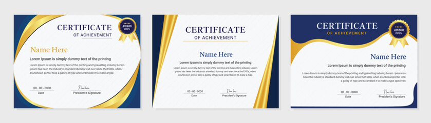 Blue and gold certificate of achievement template set with gold badge and border. Award diploma design blank.